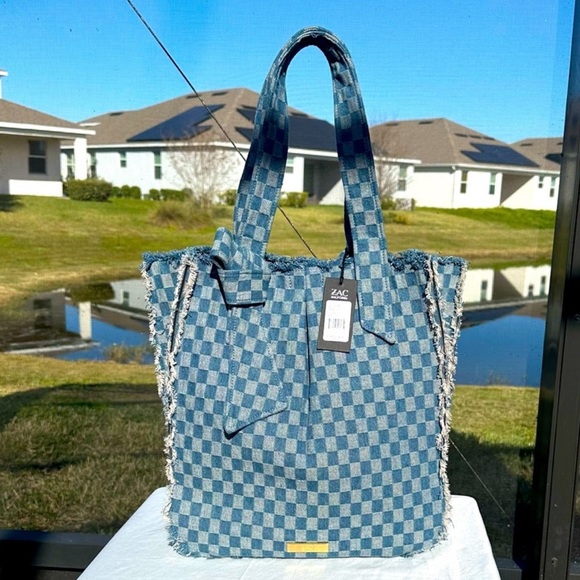 Zac Posen Anthea Denim Checkered Tote Bag NWT - Picture 2 of 16
